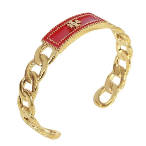 TORY BURCH • Red Milgrain Logo Cuff Bracelet - Picture 4 of 7